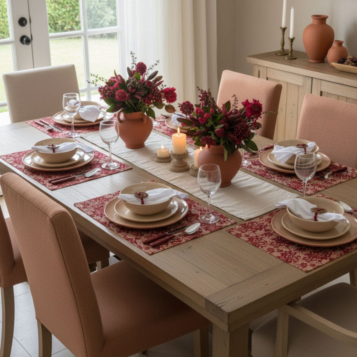 Charlo's Set of 4 Rectangular Placemats Burgundy and Beige 18" x 12"