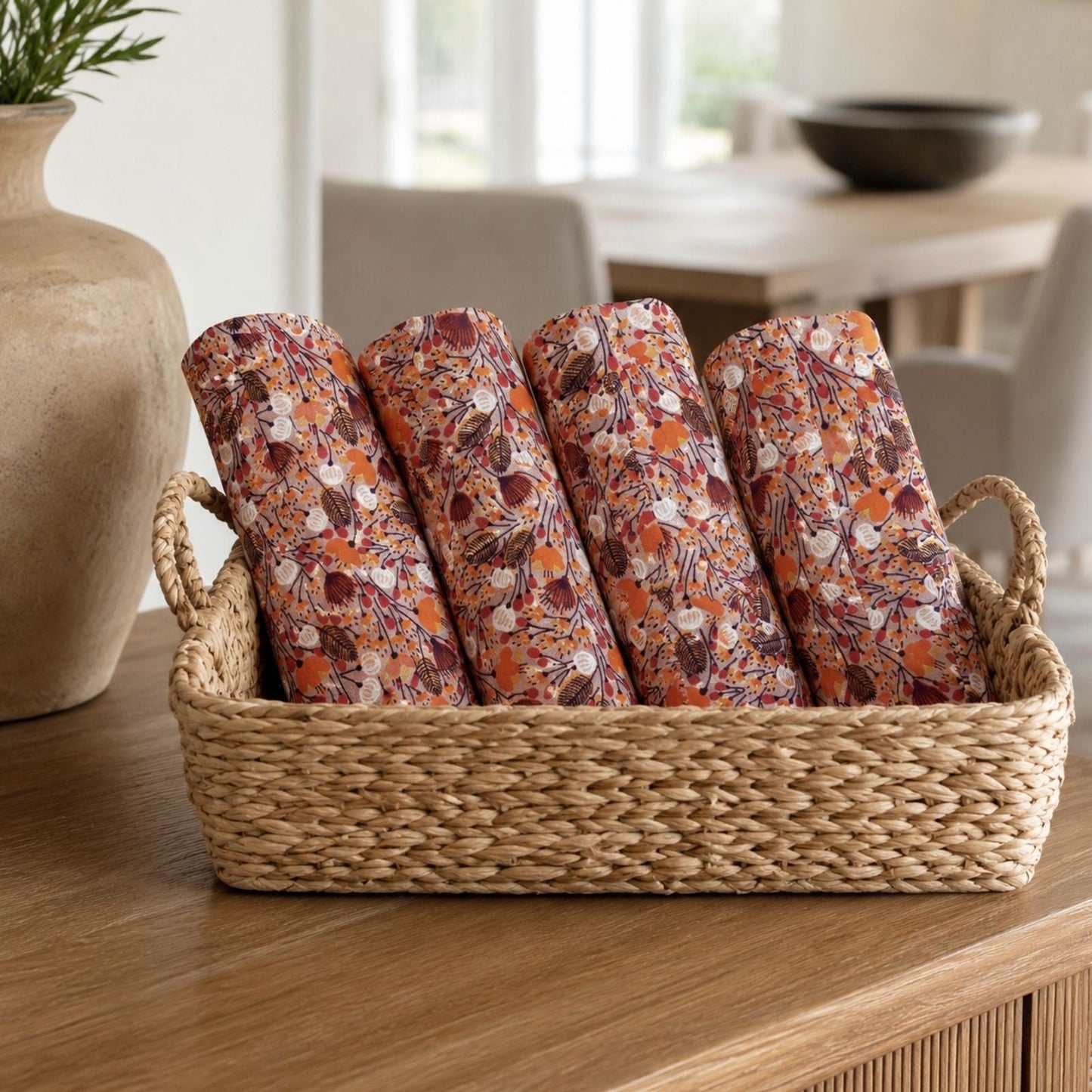 Charlo's Set of 4 Orange 100% Cotton Floral Cerrado Cloth Napkins 15" by 15"