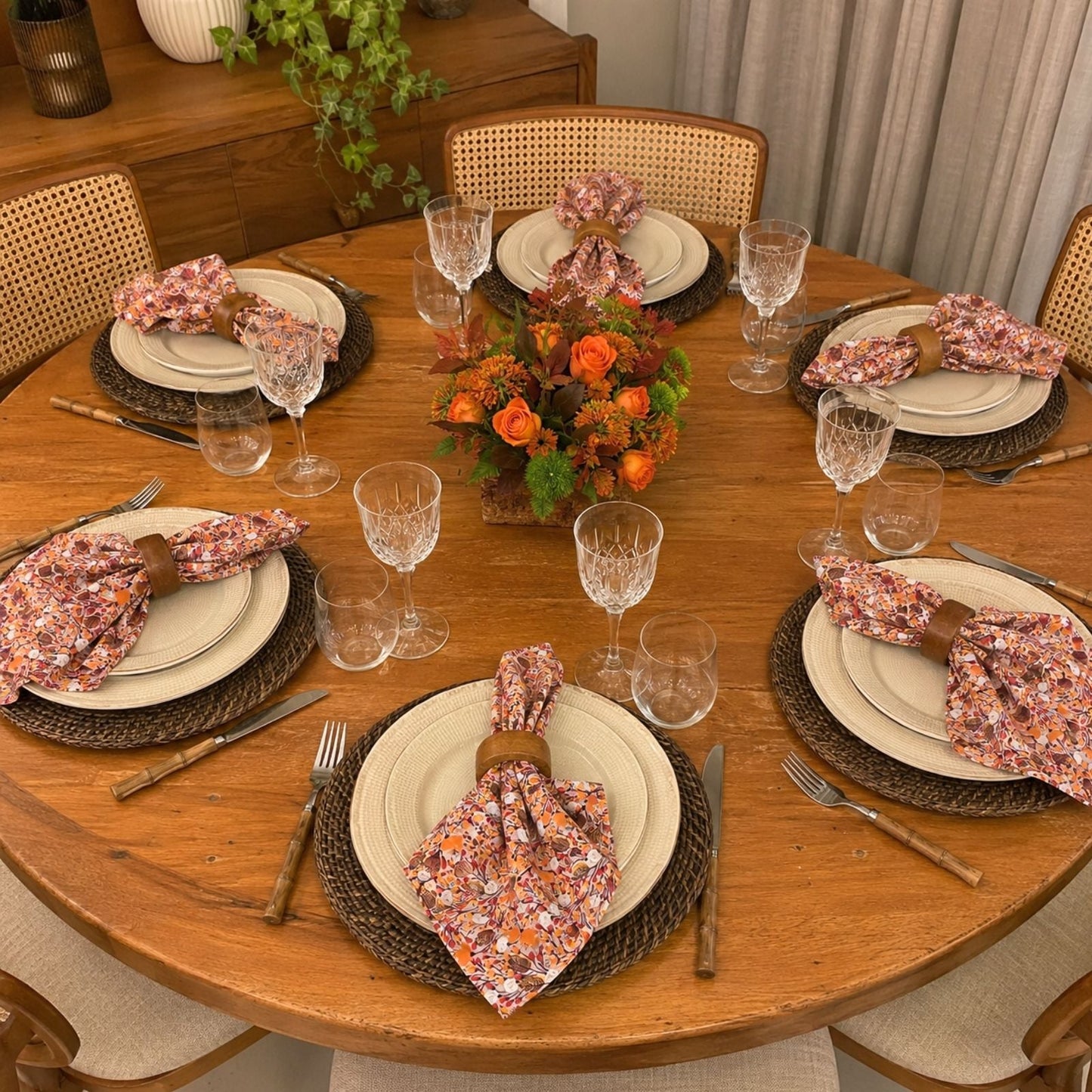 Charlo's Set of 4 Orange 100% Cotton Floral Cerrado Cloth Napkins 15" by 15"