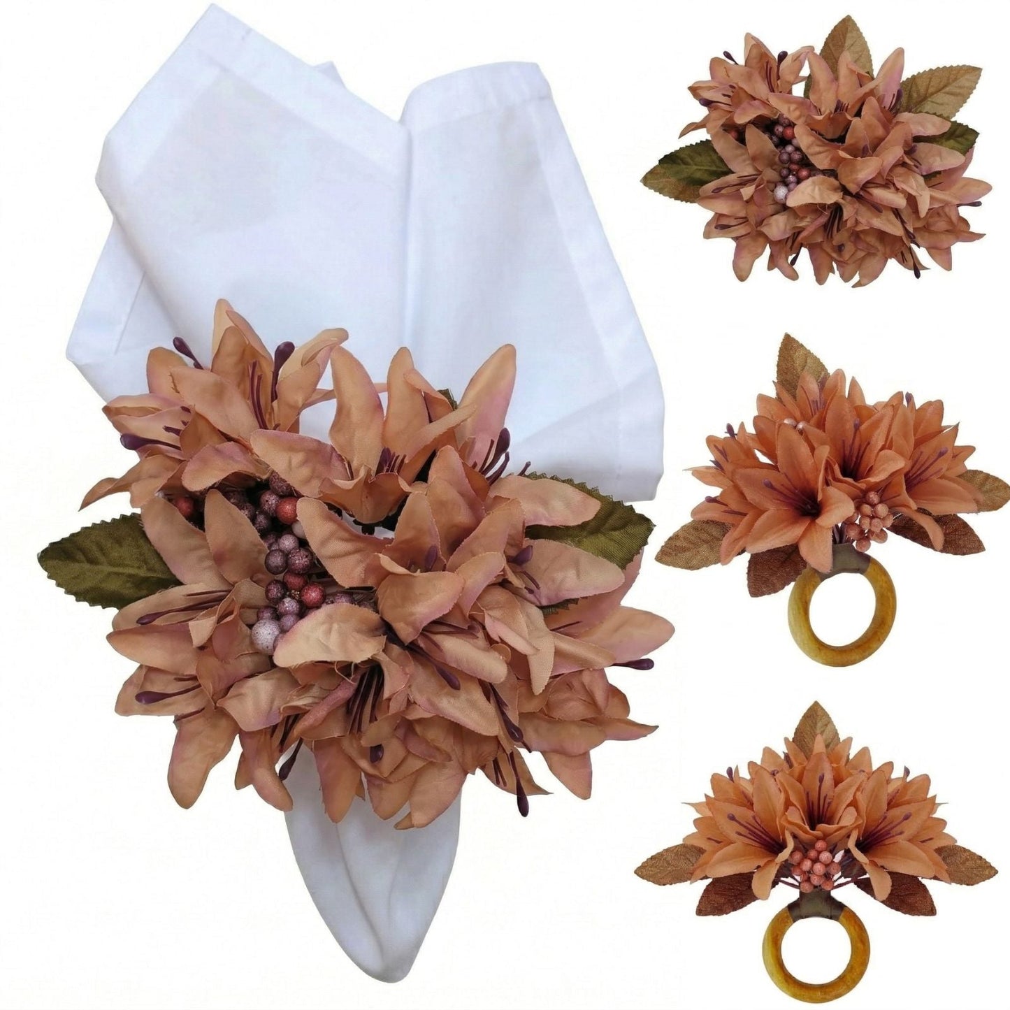 Maison Charlo Set of 4 Salmon Vintage Lilies Flower Celebration Napkin Rings