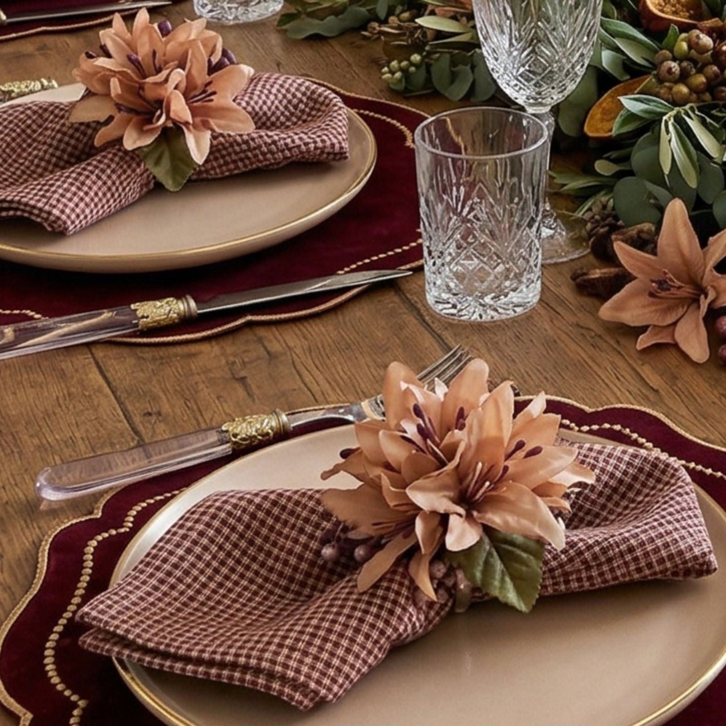 Maison Charlo Set of 4 Salmon Vintage Lilies Flower Celebration Napkin Rings